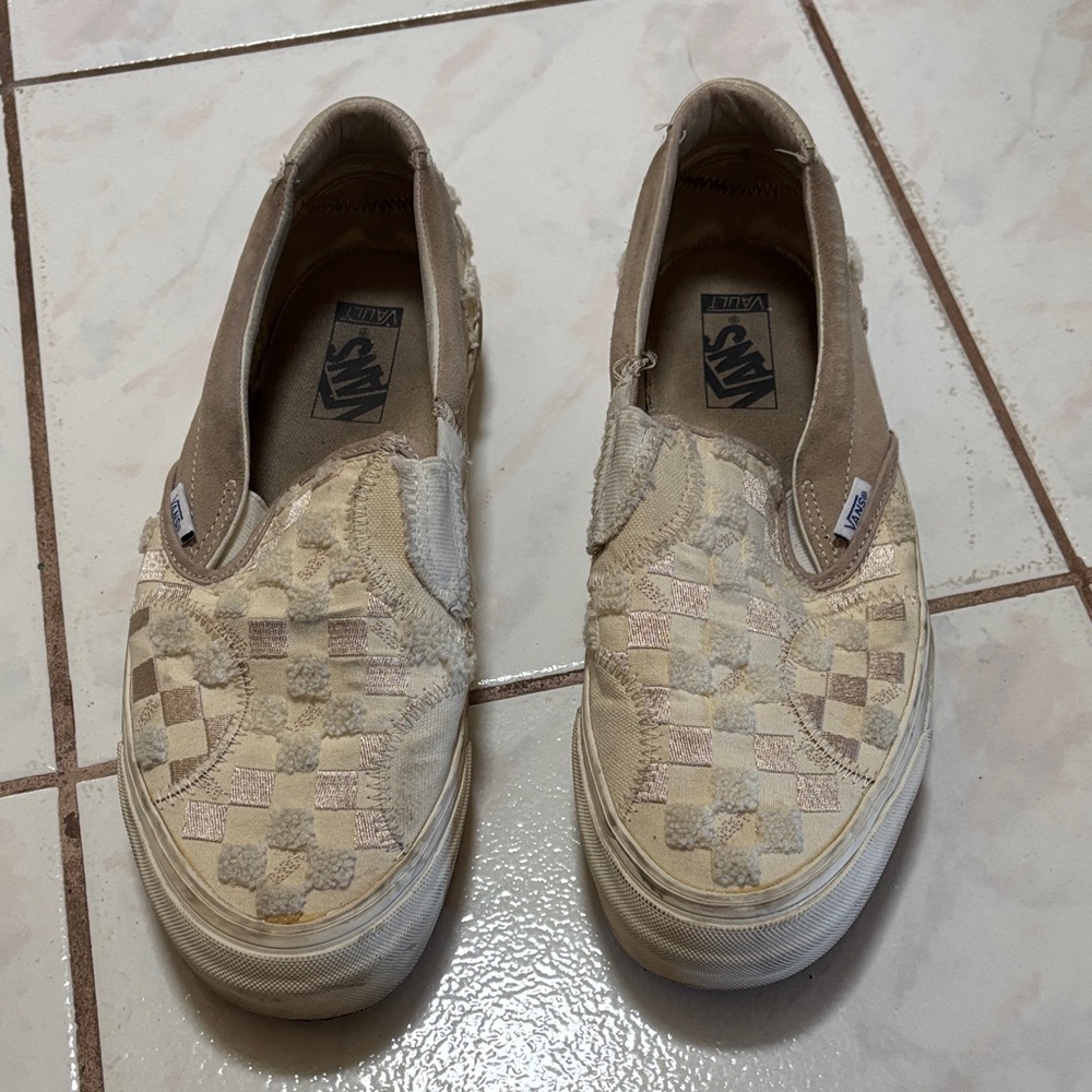 Vans Beige and Cream Checkered Slip-Ons